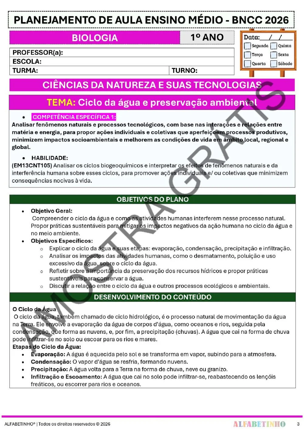 Planejamento de Biologia Ensino Médio BNCC 2026 + 240 atividades — amostra do planejamento 6