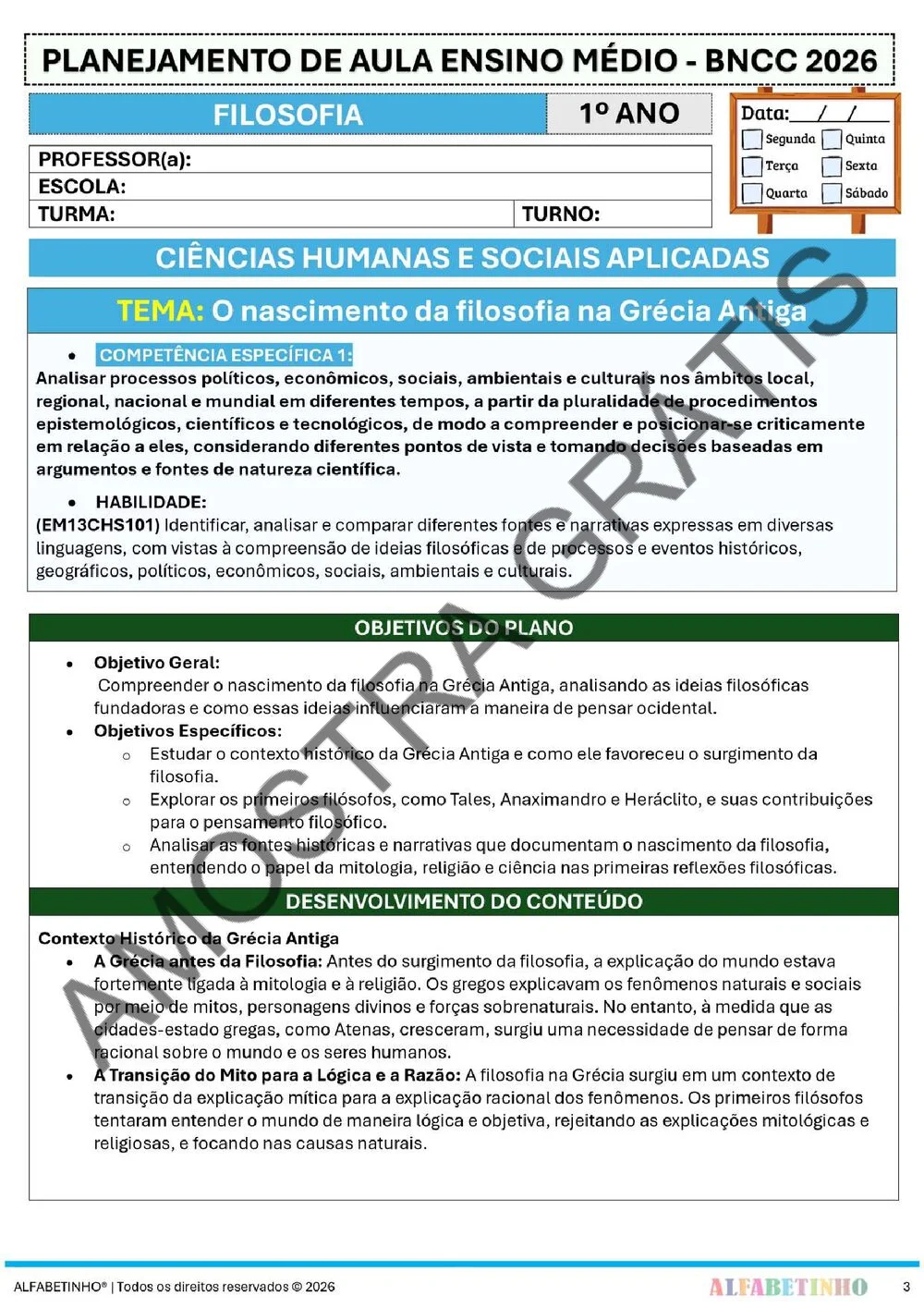 Planejamento de Filosofia Ensino Médio BNCC 2026 + 180 atividades — amostra do planejamento 6