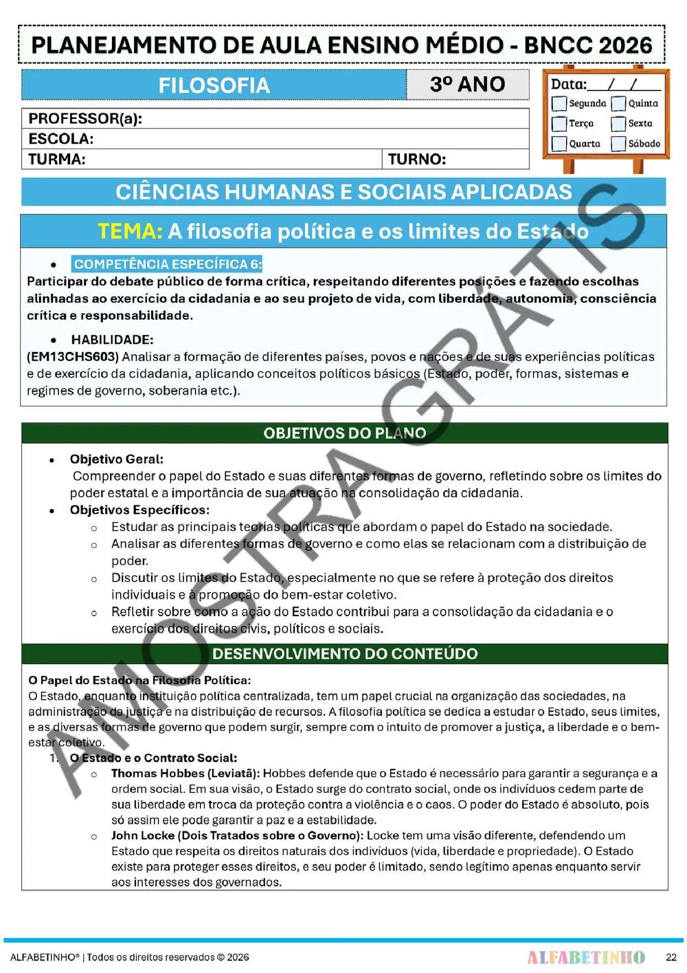 Planejamento de Filosofia Ensino Médio BNCC 2026 + 180 atividades — amostra do planejamento 29