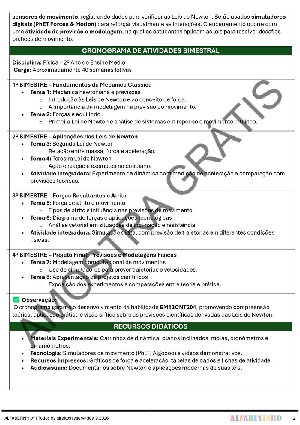 Planejamento anual de Física — 1º, 2º e 3º ano do Ensino Médio (BNCC 2026) + 240 atividades — amostra do planejamento 17