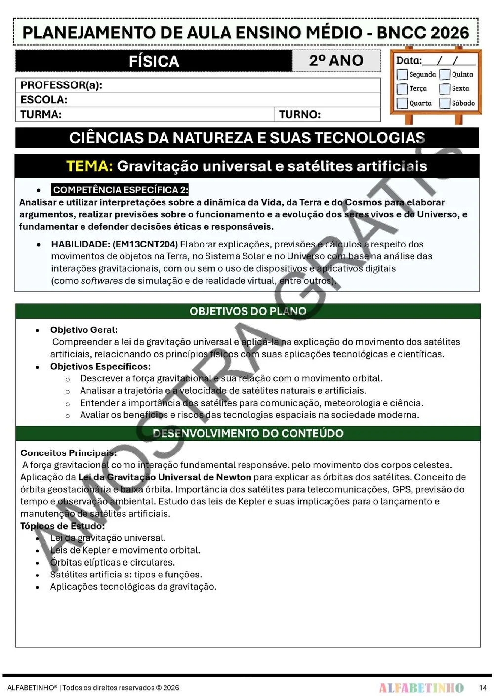 Planejamento anual de Física — 1º, 2º e 3º ano do Ensino Médio (BNCC 2026) + 240 atividades — amostra do planejamento 19