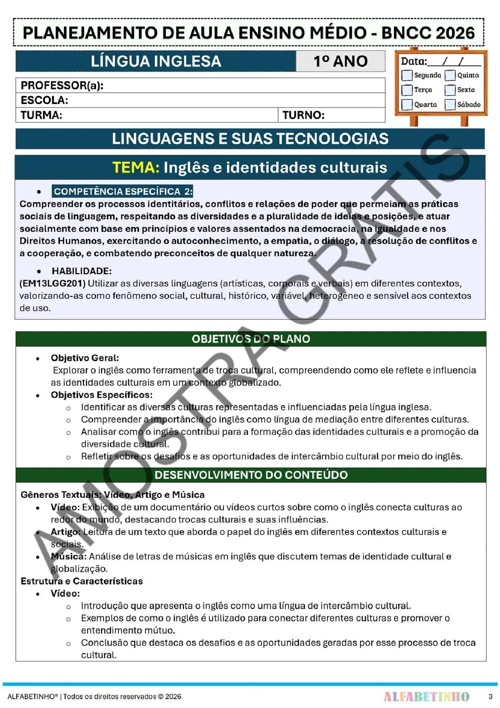 Planejamento de Língua inglesa Ensino Médio BNCC 2026 + 240 atividades — amostra do planejamento 6