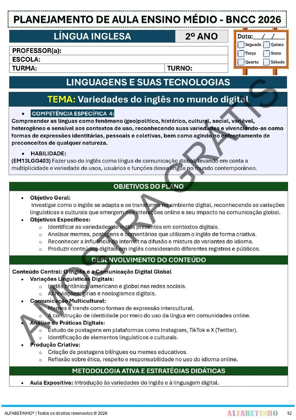 Planejamento de Língua inglesa Ensino Médio BNCC 2026 + 240 atividades — amostra do planejamento 17